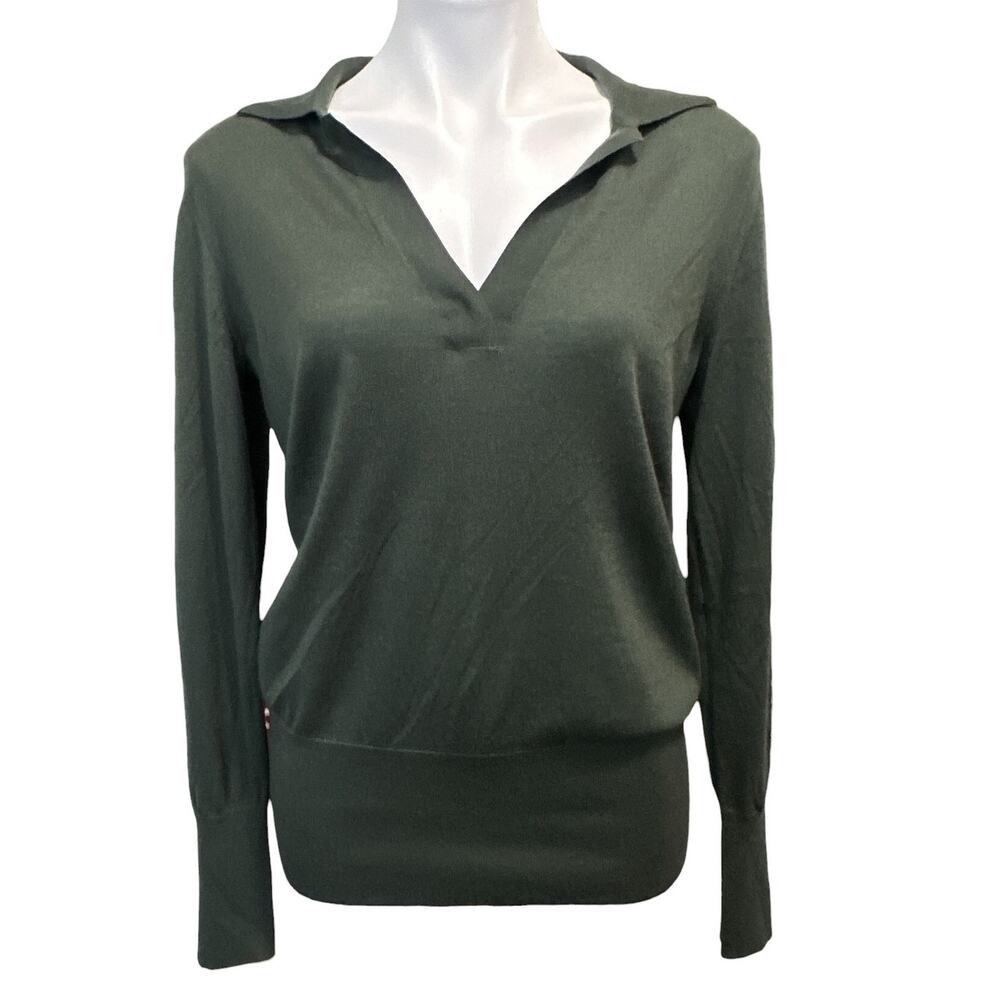 Co Collection Cashmere Polo Sweater Women M Olive Green V-Neck Collared Knit